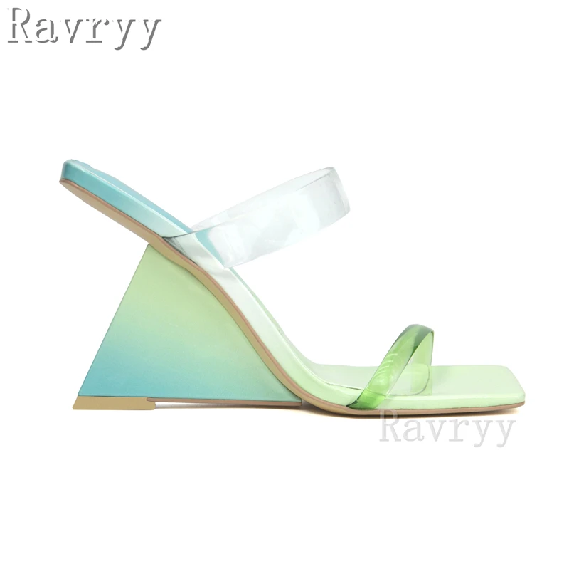 

2023 Summer New Green Teeth Shaped Heel Slippers Women's High Heel Wedges Open Toe Sandals Show Style Runway Shoes