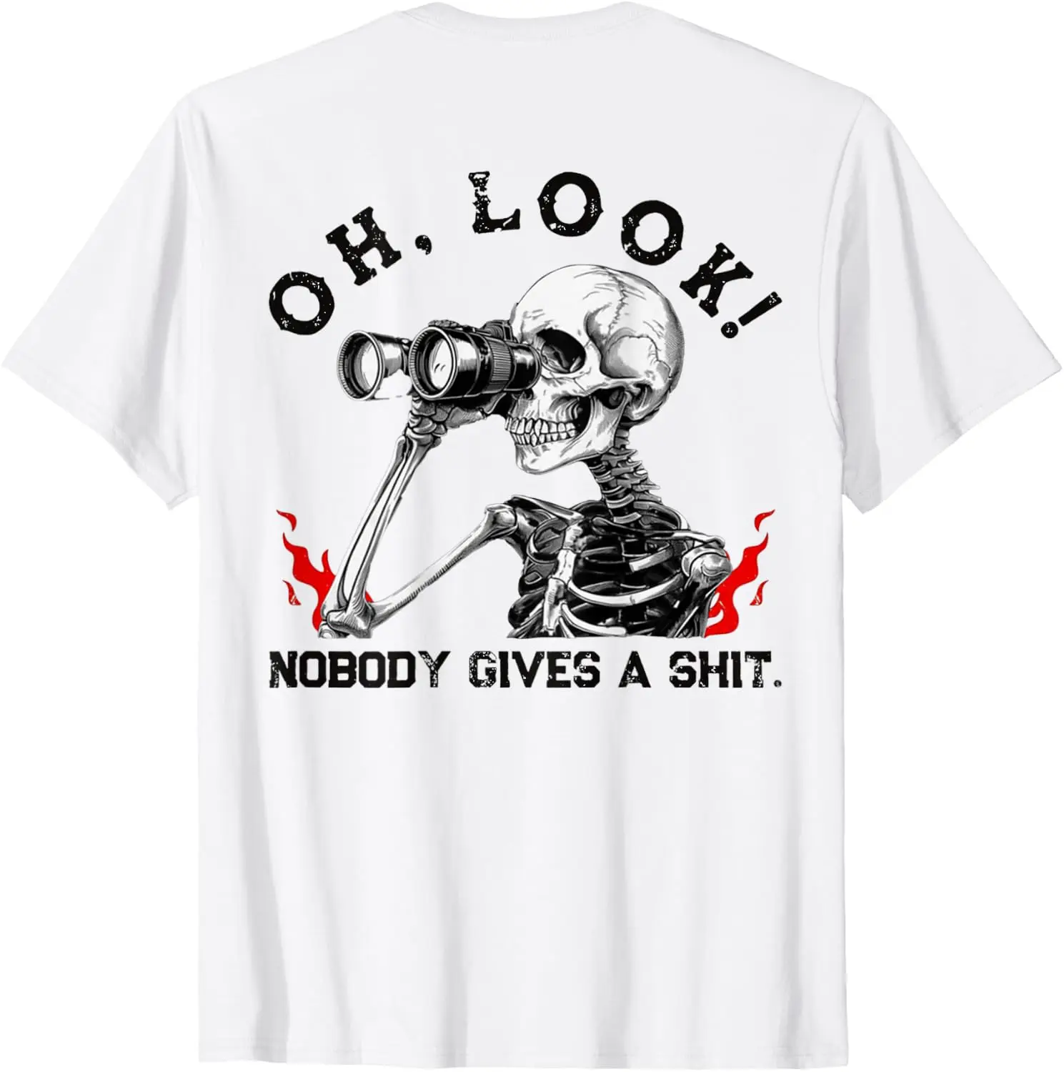 Funny Skeleton Oh Look! Nobody Gives A Shit (On Back) T-Shirt Men's Graphic Print T‑Shirt, Casual Short Sleeve Crew Neck Tees, Summer Daily Wear Soft Cotton Tops for Male.