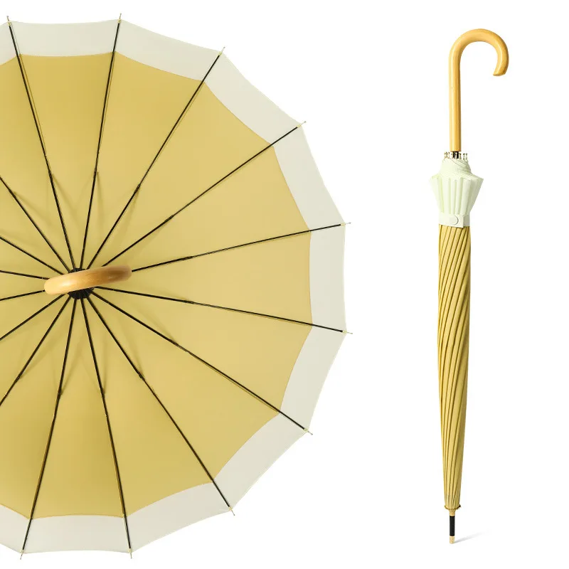 Small Fresh Long Handle Umbrella 16 Bone Large Straight Pole Clear Umbrella Ins Wooden Curved Handle Splicing Umbrella