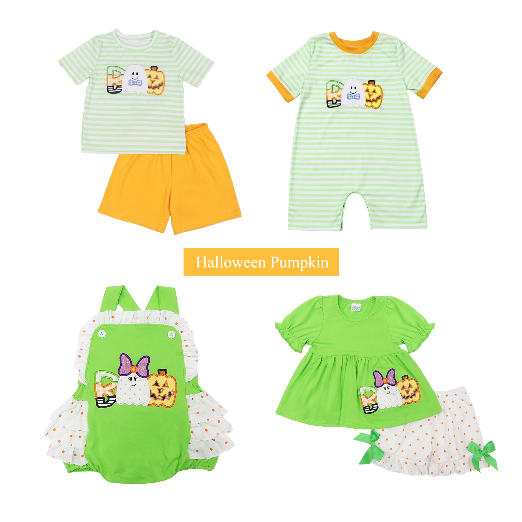 

New Ropa Summer Short Sleeve Round Neck Dress Halloween Pumpkin Pattern Green Girl Top T-shit And Orange Dot Romper Boy Clothes