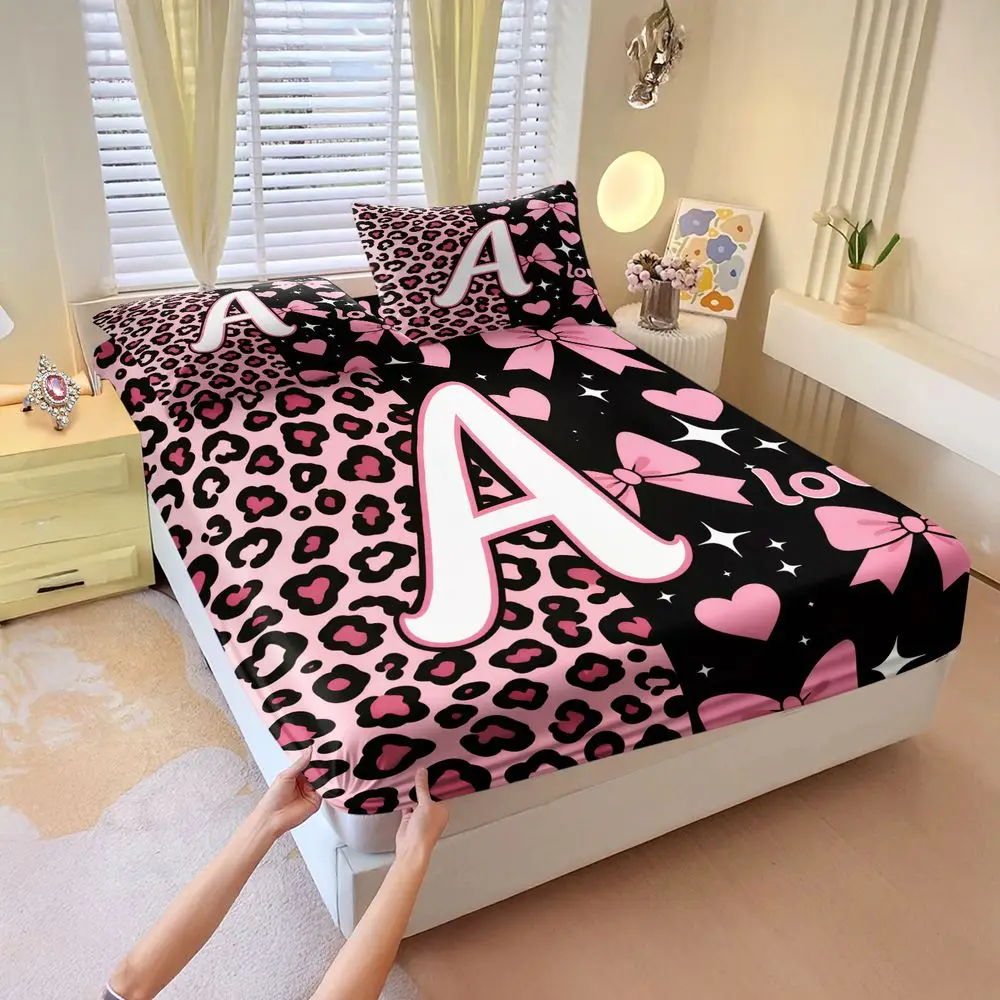 Pink Leopard Heart Bow Print Fitted Sheet Set Bed Sheet Set Bedding Set No Fillers Decor For Teen Girl Bedroom