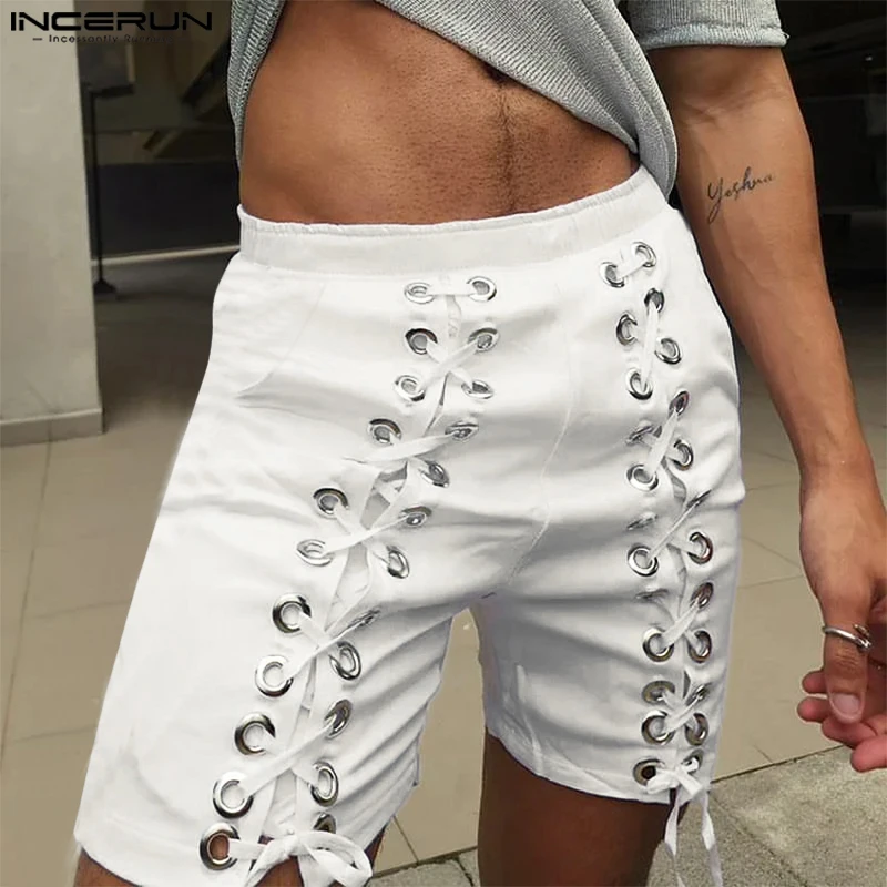 

INCERUN 2025 Men Shorts Solid Color Lace Up Elastic Waist Men Bottoms Summer Streetwear Loose Fashion Casual Shorts Men S-5XL