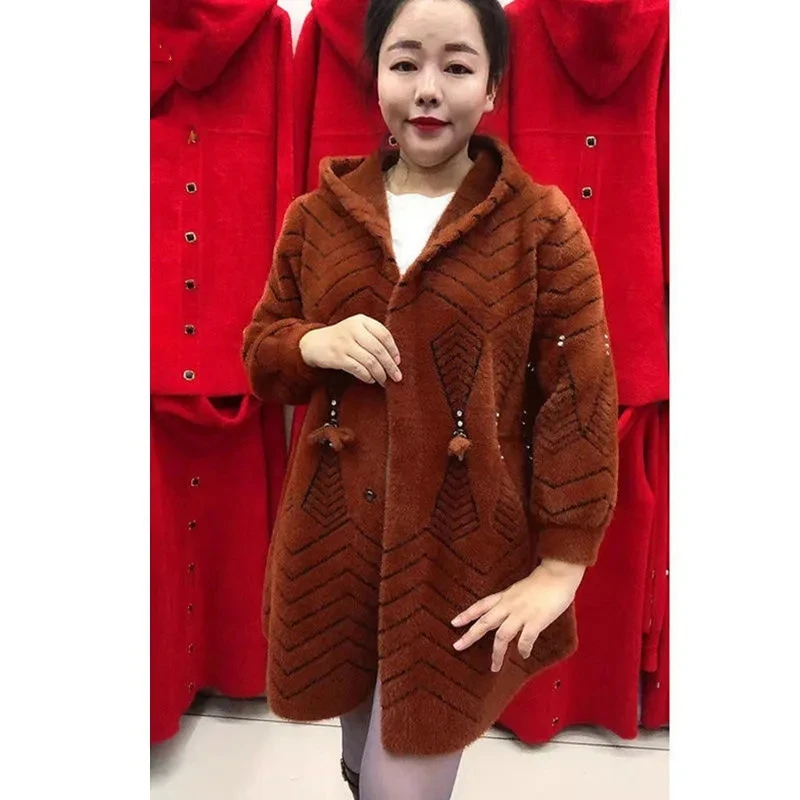 2024 New Autumn Winter Middle Aged Elderly Mother Imitation Mink Velvet Coat Women Long Thicken Hooded Knitted Cardigan Female