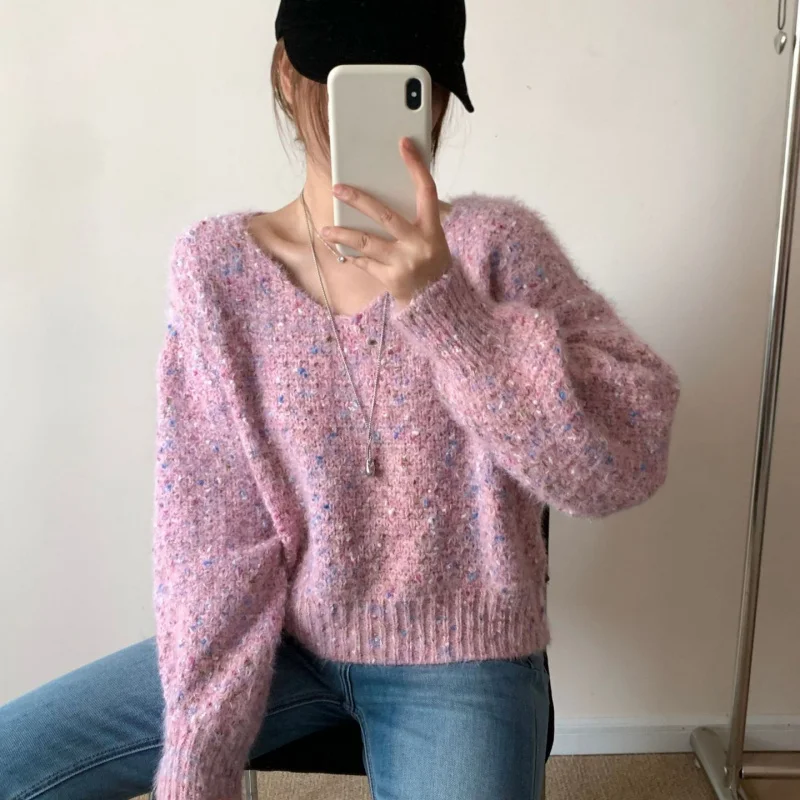 

Осень-зима, нежный свободный короткий свитер, женский универсальный пуловер с ленивой нишей, корейский милый вязаный свитер, женский V