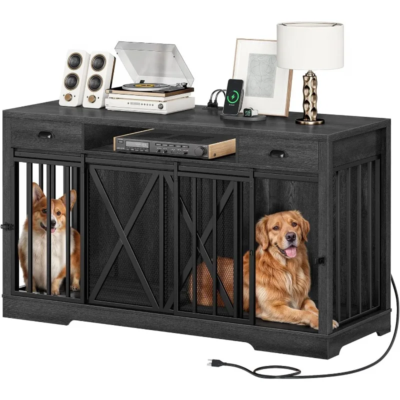 63 Inch Double Dog Crate TV Stand with Power Outlet, Heavy Duty Wooden Dog Crate Furniture for 2 Dogs, Dog Kennel Indoor