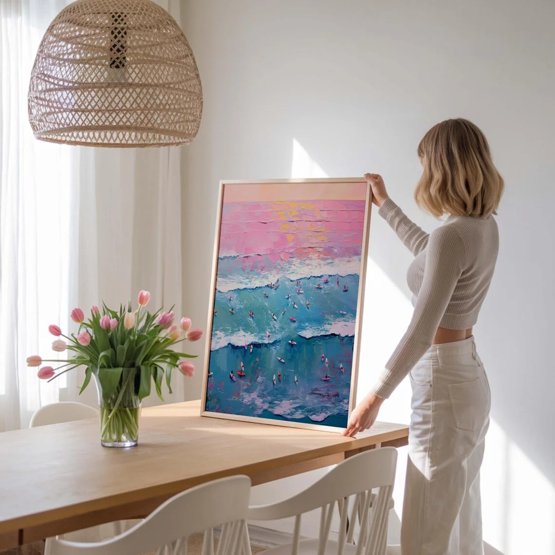 Pink & Blue Ocean Print | Aerial Surfing Art, Girly Beach Decor