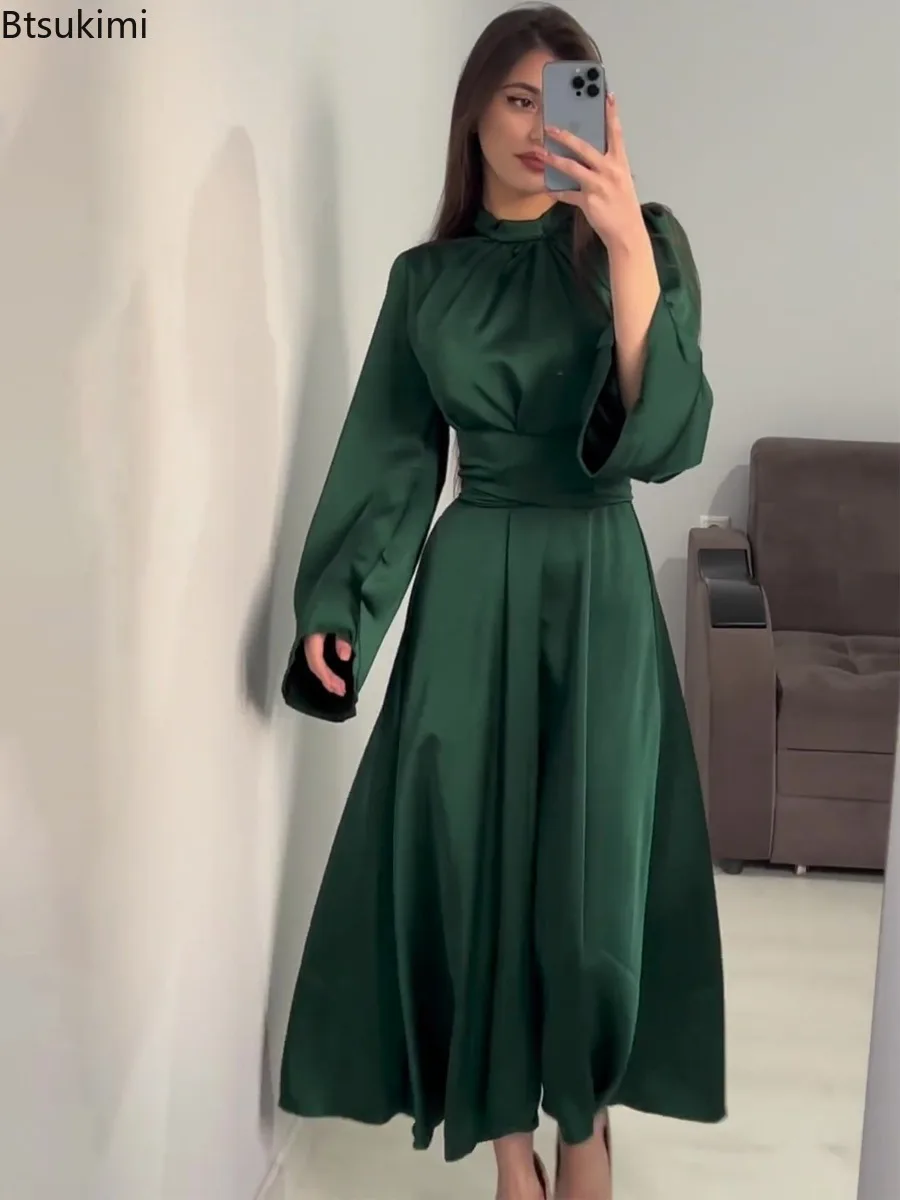 2025年春新作 レディース サテン ロングドレス ファッション エレガント ハイネック 長袖 レースアップ ドレス セクシー スリム パーティー イブニングドレス