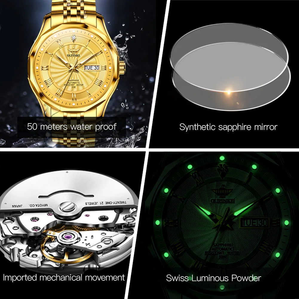 OUPINKE Real Diamond Automatic Mechanical Watch for Men Swiss Top Brand Luxury Sapphire Crystal Mirror Waterproof Gold Watches