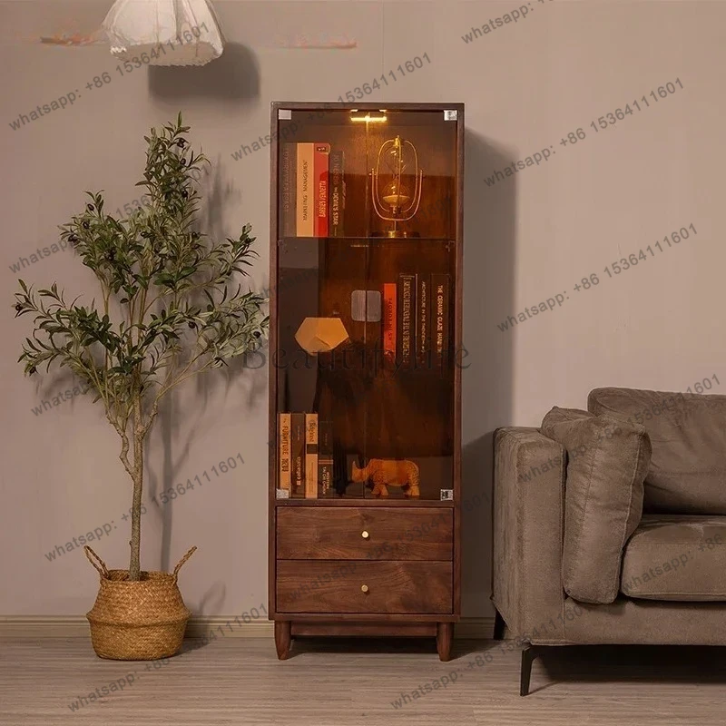 

Nordic Black Walnut Solid Wood Glass Wine Cabinet Display Locker Living Room TV Side Cabinet High and Low Bookcase