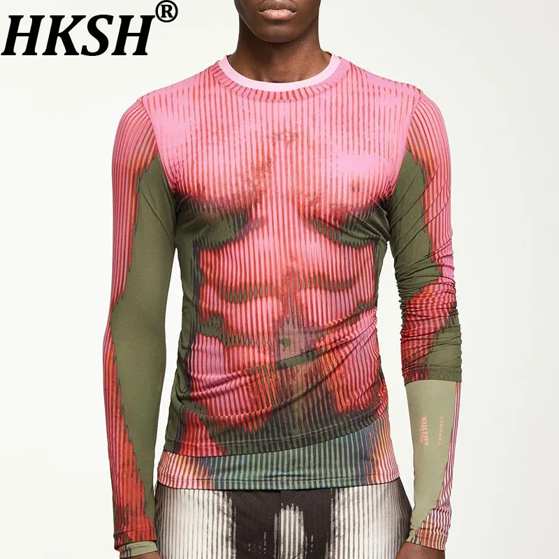 

HKSH Summer Autumn New Man Punk Tide Long Sleeve T-shirts Slim Fit Sexy Top Striped Print Crew Neck Stretch Chic Ins Tees HK7687