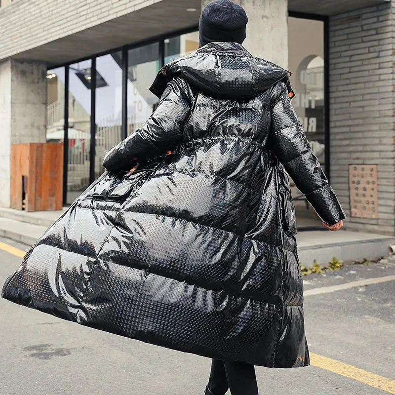 Parkas largas gruesas para mujer, abrigo de plumón de pato blanco brillante, chaqueta con capucha a prueba de viento y lluvia, abrigo largo, invierno, 2023