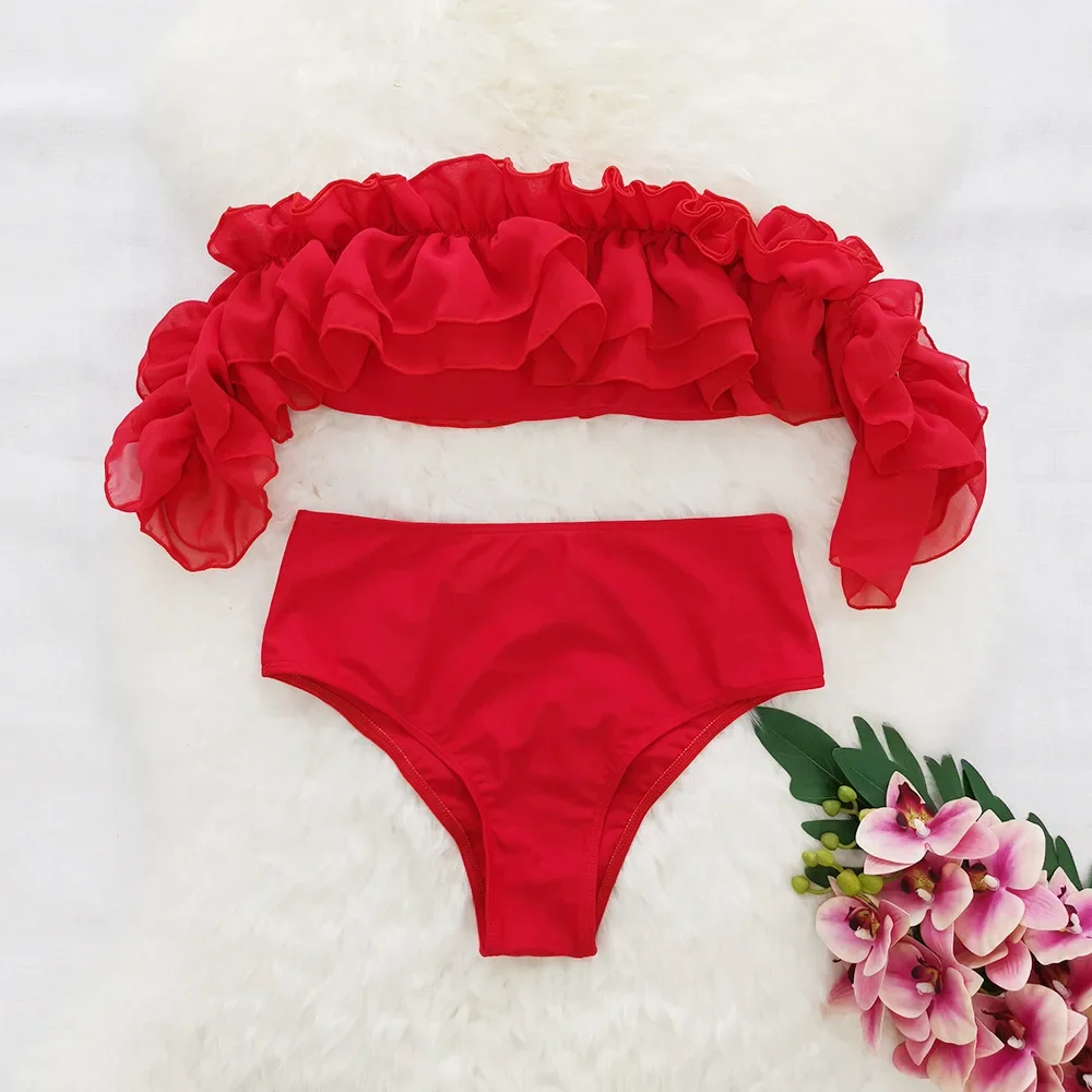 Solid Color High Waist Bikini European and American off Shoulder Ruffled Swimsuit Split Red