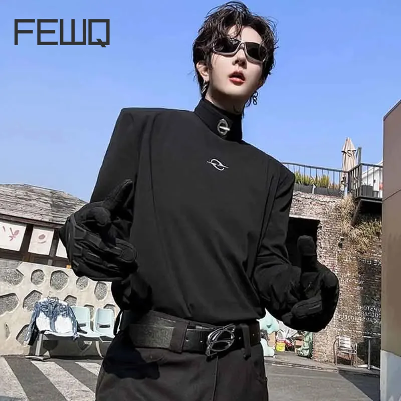 FEWQ Male T-shirt Mock Neck Metal Buckle Niche Design Solid Color Men Long Sleeve Tops Men\'s Clothing Spring New Chic 9C4638