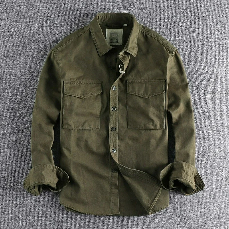 Khaki Vintage Washed Solid-color Workwear Shirts Men Featuring Three-dimensional Pockets Trendy Loose CoatNew Autumn Collection