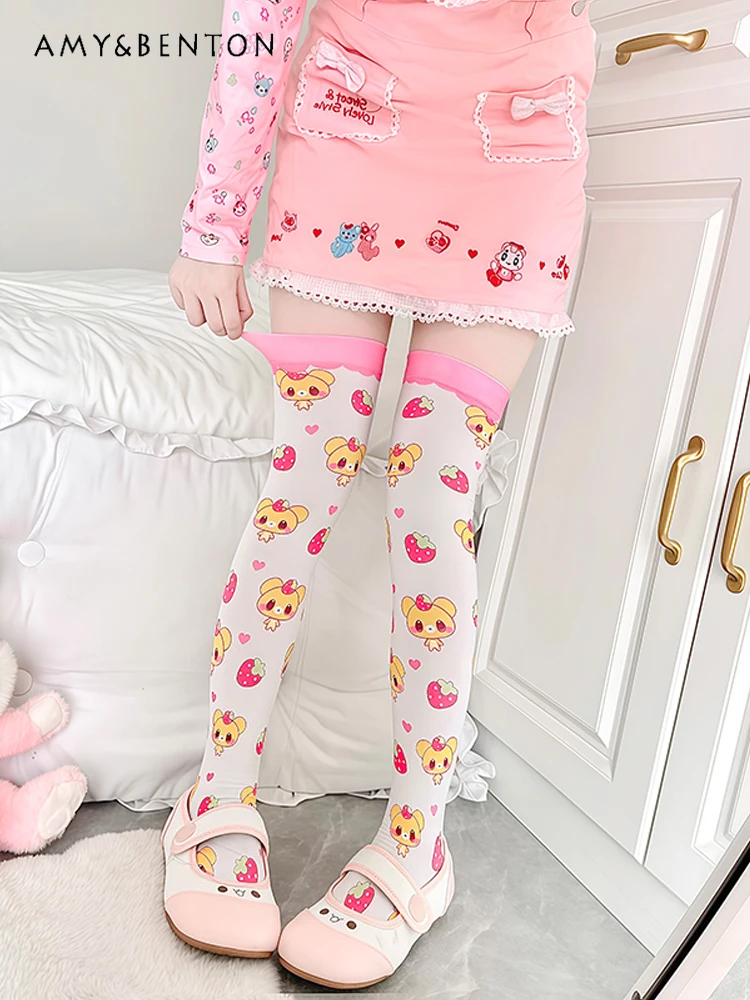 Original Cartoon Printed Thigh High Stockings Japanese Cute Knee High Socks Daily Versatile Sweet Kawaii Velvet Stockings Lolita