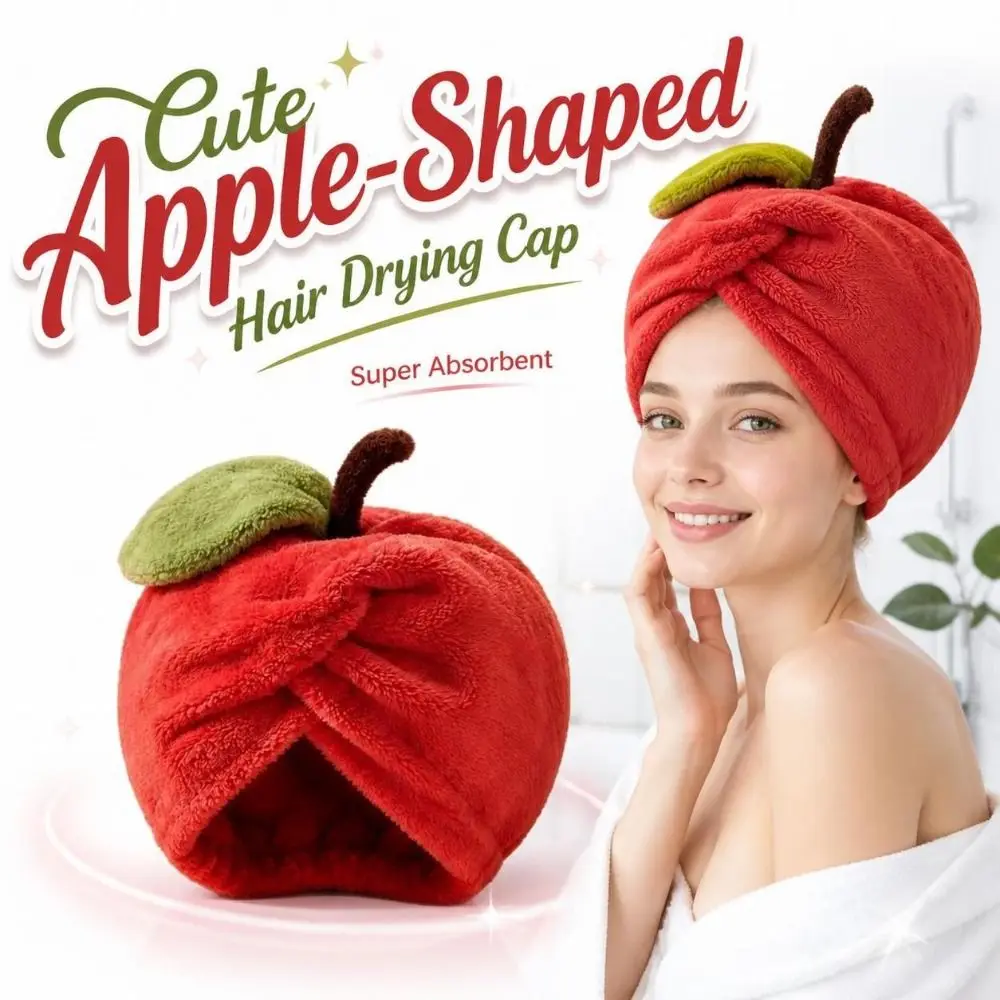Super Absorbent Apple-shape Hair Drying Cap Quick Dry Thickened Shower Bath Cap Coral Fleece Material Comfortable