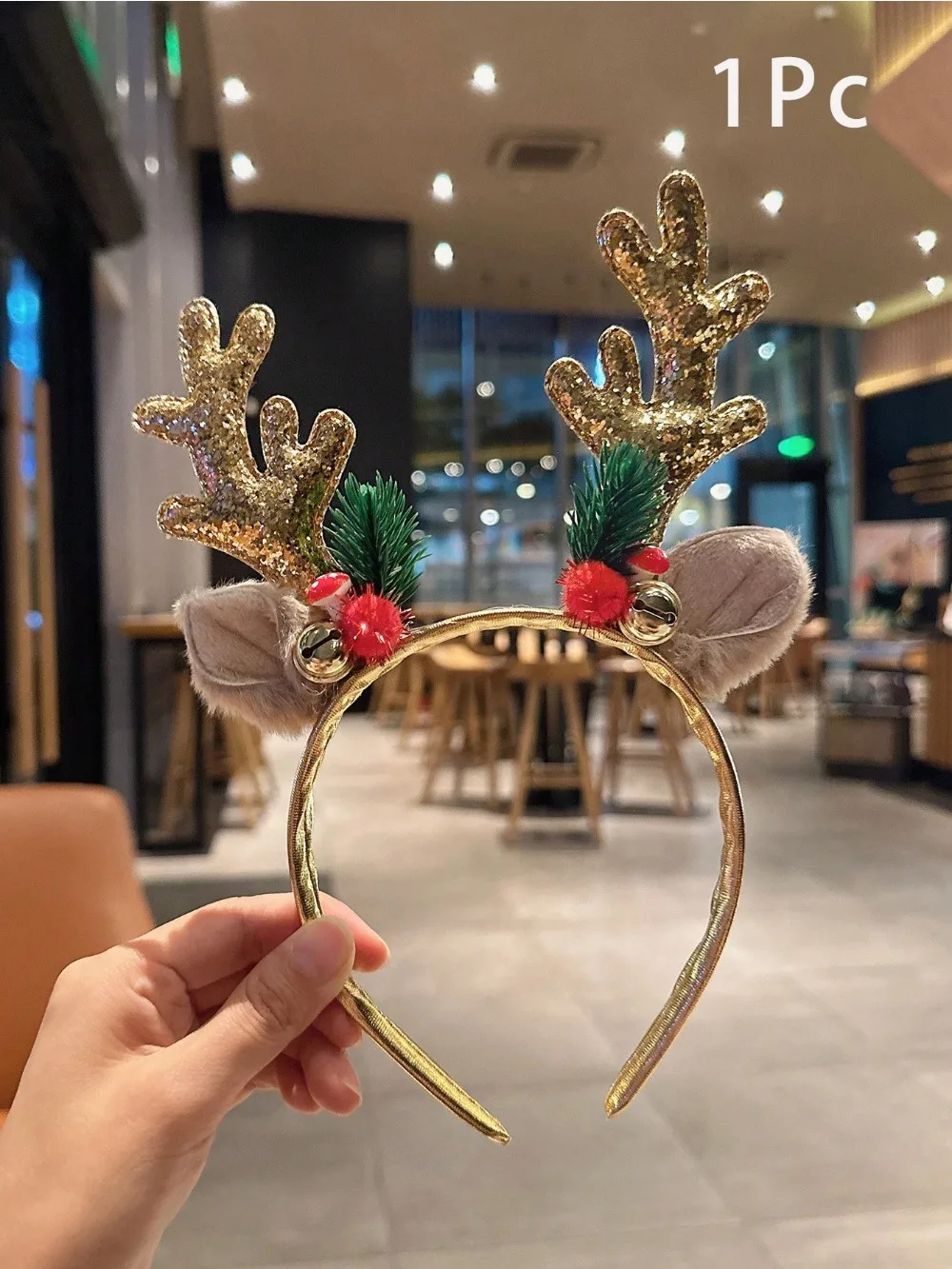 1pc Gold Sequin Mushroom Christmas Headband Big Deer Horn Bell Sequin Festive Headwear For Women Forest Style Hair Accessories