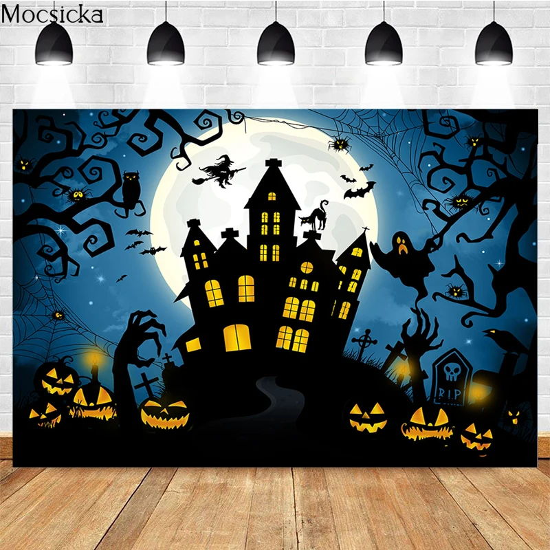 Mocsicka Halloween Latar Belakang Fotografi Horor Kastil Hutan Penyihir Dekorasi Potret Anak Foto Latar Belakang Spanduk Pemotretan