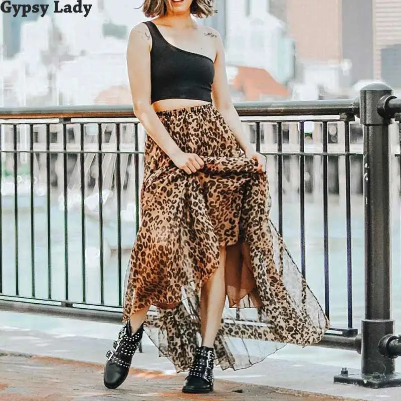 GypsyLady-Falda larga de leopardo para mujer, falda elástica asimétrica, estilo bohemio, informal, a la moda, para fiesta y pasarela