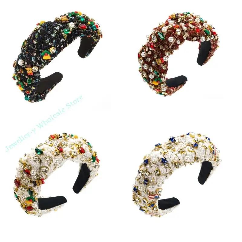 

R7UF Christmas Headband for Girl White Pearl Embellished Hairband Wide Top Hairband