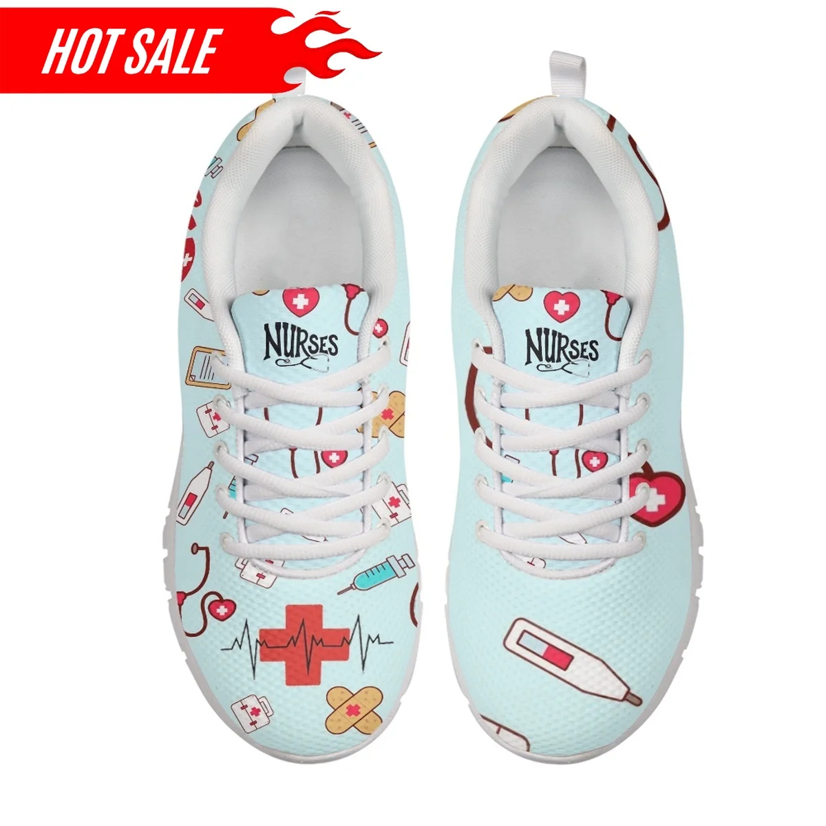 2023 Women Nurse Shoes Breathable Lace up Flat Shoes First Aid Sign Medical Tool Print Ladies Mesh Sneakers Zapatos