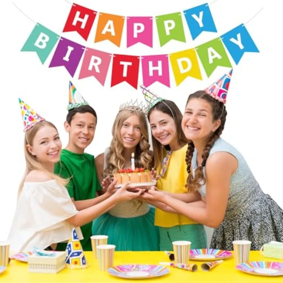 Colorful Happy Birthday Banner Bunting Pre-Strung No DIY for Birthday Party Decorations (Multi)