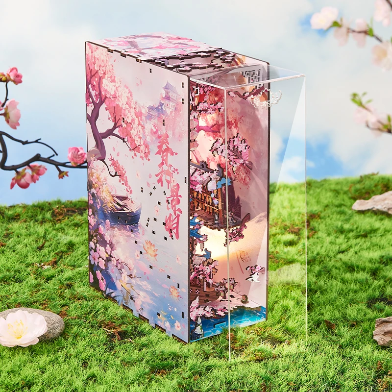 DIY Holz Buchecke Regal Einsatz Kit Frühling Kirschblüte Buchstütze Miniatur Modell Kits Bücherregal für Freunde Geburtstagsgeschenke