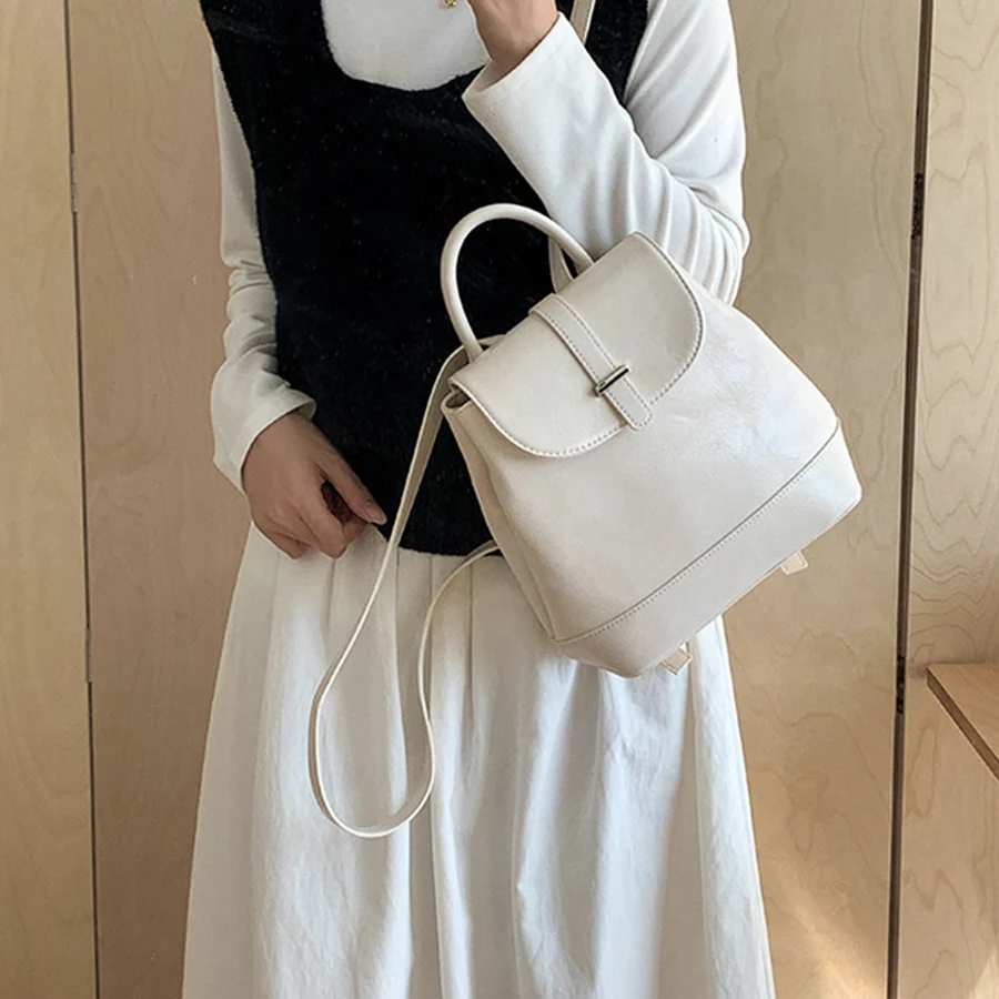 

Korea fashion simple large capacity backpack solid color retro style commuter PU leather daypack Outdoor Sport Travel Schoolbag