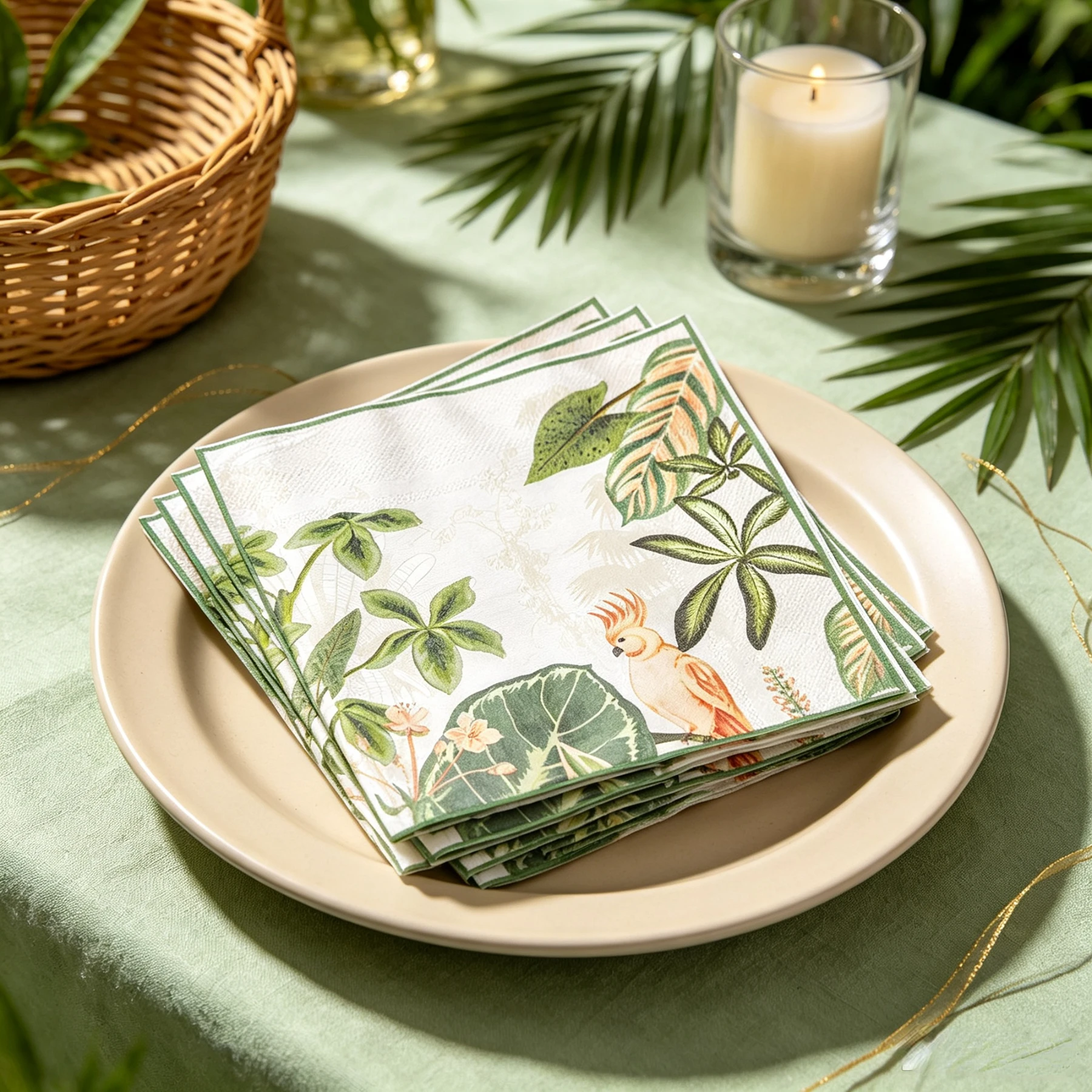 20 Count Vintage Tropical Cockatoo & Monstera Printed Paper Napkins, Afternoon Tea, Picnic, Summer Beach Party Table Decors