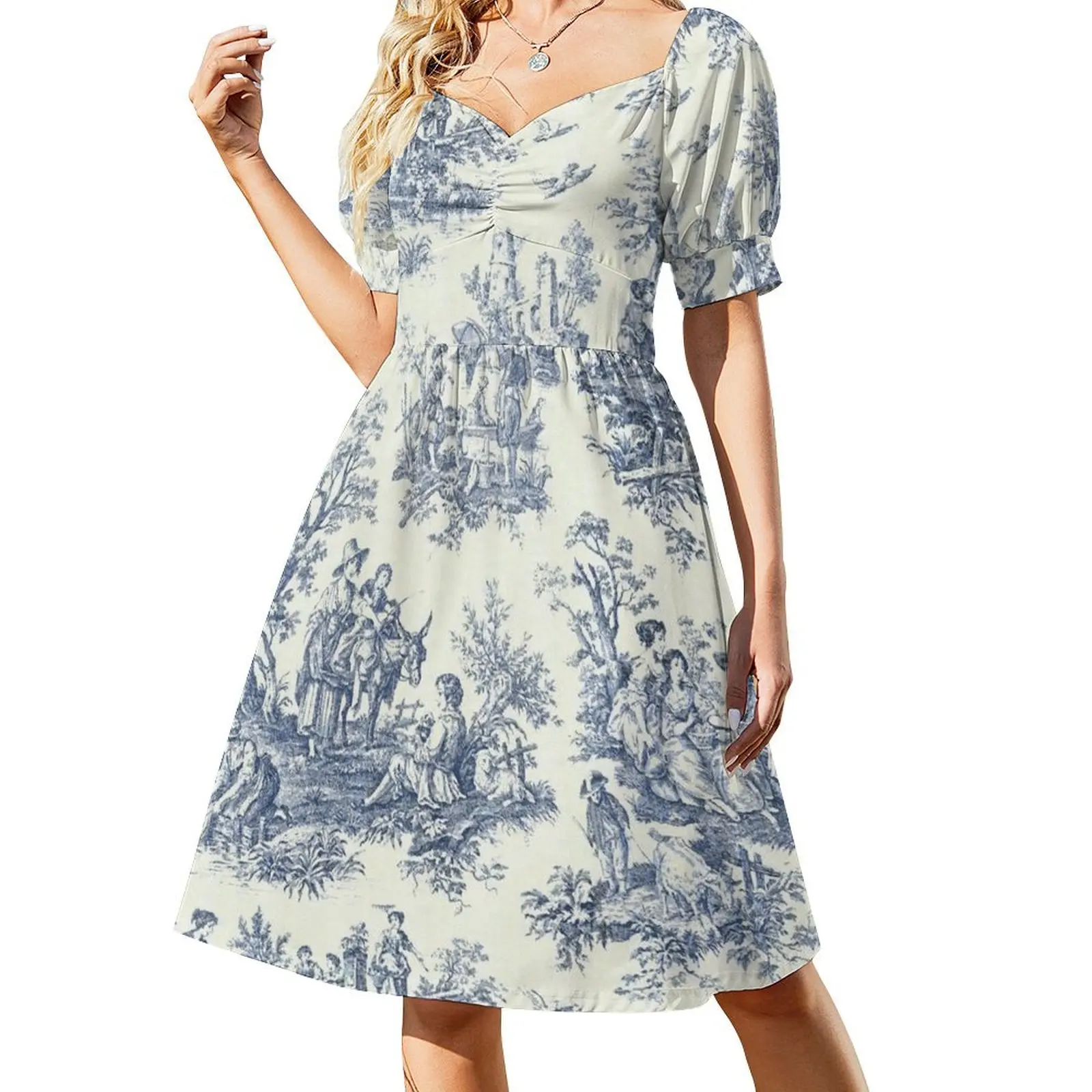 

Powder Blue French Toile Picnic Designs Short Sleeved Dress sexy short dresses daring luxury woman party dress Dress
