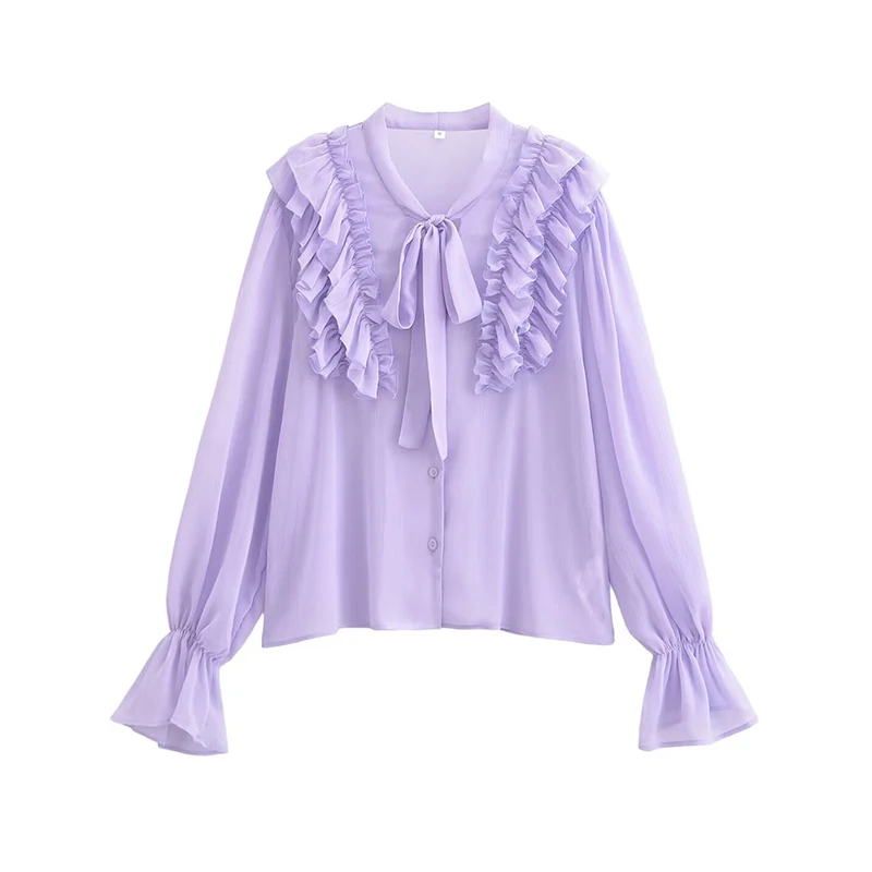 

YENKYE New Women Vintage Oversize Purple Ruffle Shirt Blouse Long Sleeve Tie Collar Female Spring Summer Shirts