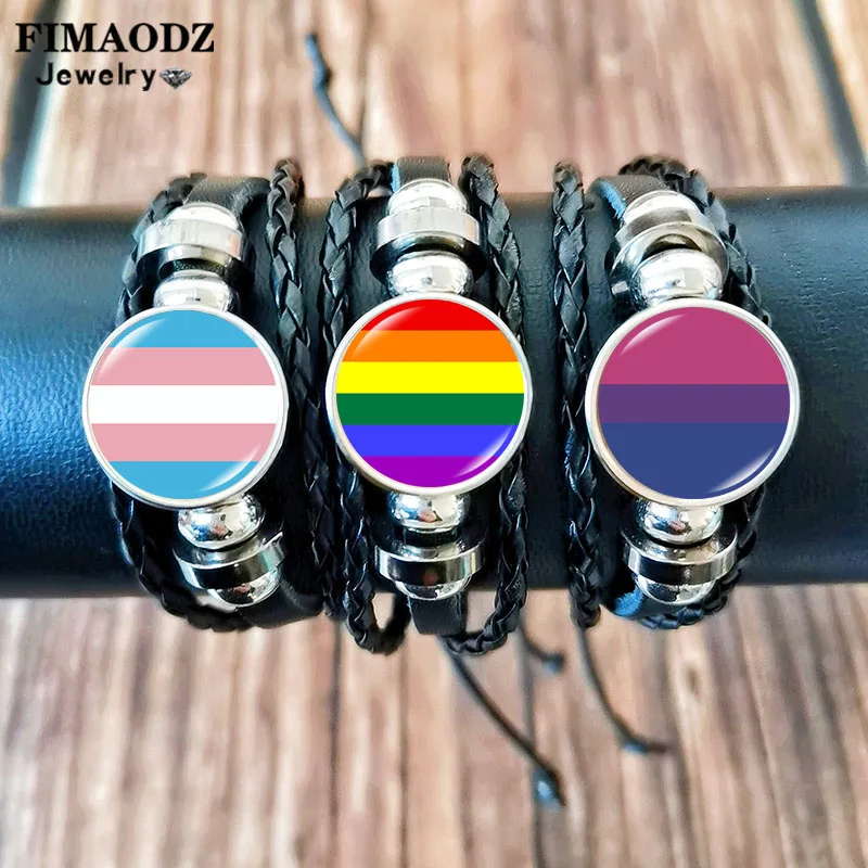 Pulsera LGBT con bandera de arcoíris, foto de cristal para mujer, símbolo Trangender, brazaletes de cuero hechos a mano, joyería de regalo