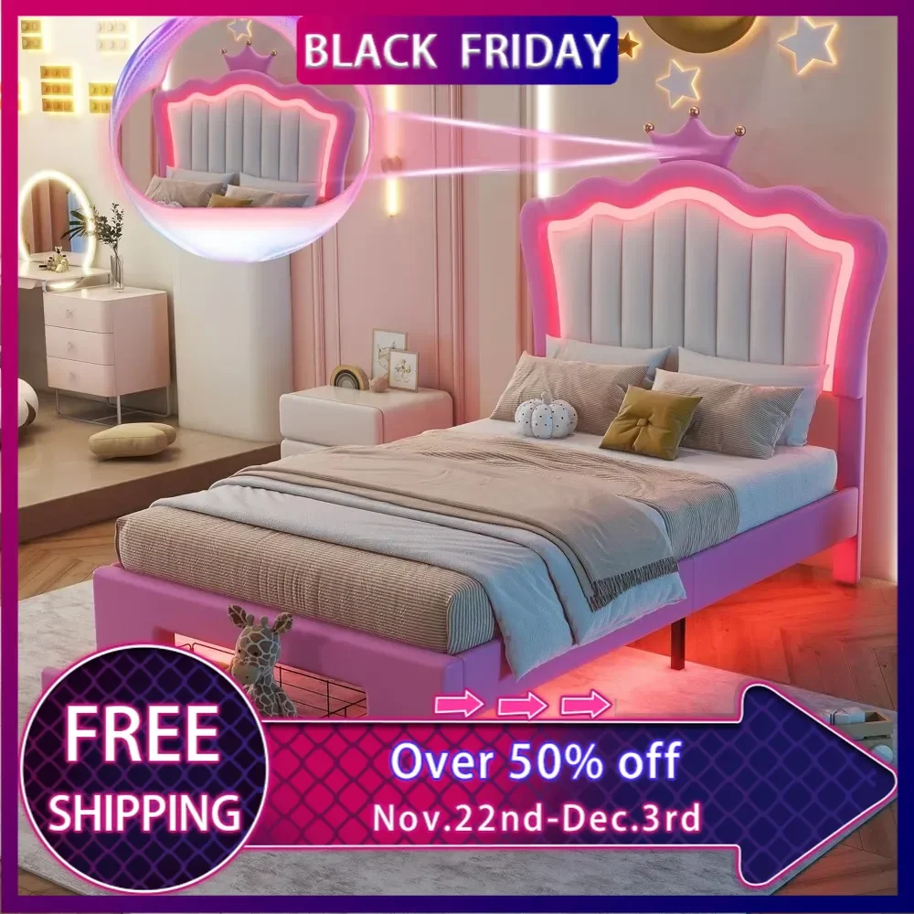 Twin Size Upholstered Bed Frame with LED Lights, Modern Upholstered Princess Bed with Crown Headboard, a Drawer, Pink+White