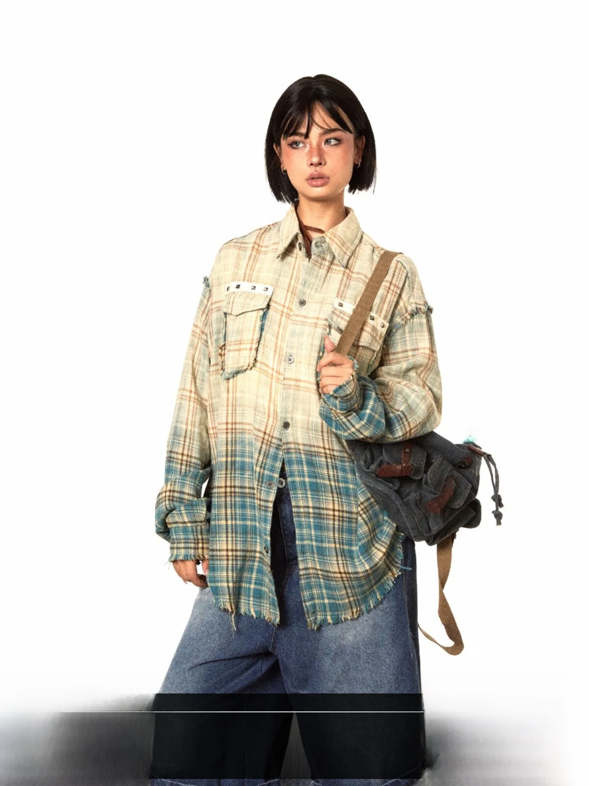 Blackbb Heavyweight Washed Gradient Plaid Long Sleeve Shirt Women's Loose Design American Retro Street Style Cotton Shirt
