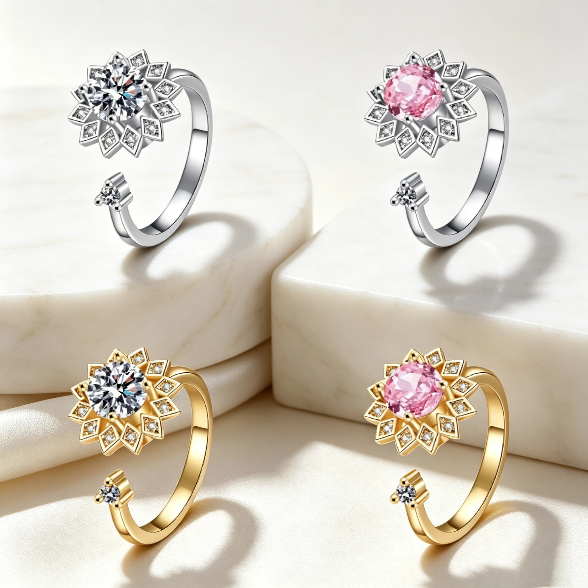 1 pc Pressure-release adjustable rotating ring for women, featuring a rotating sunflower design set with CZ