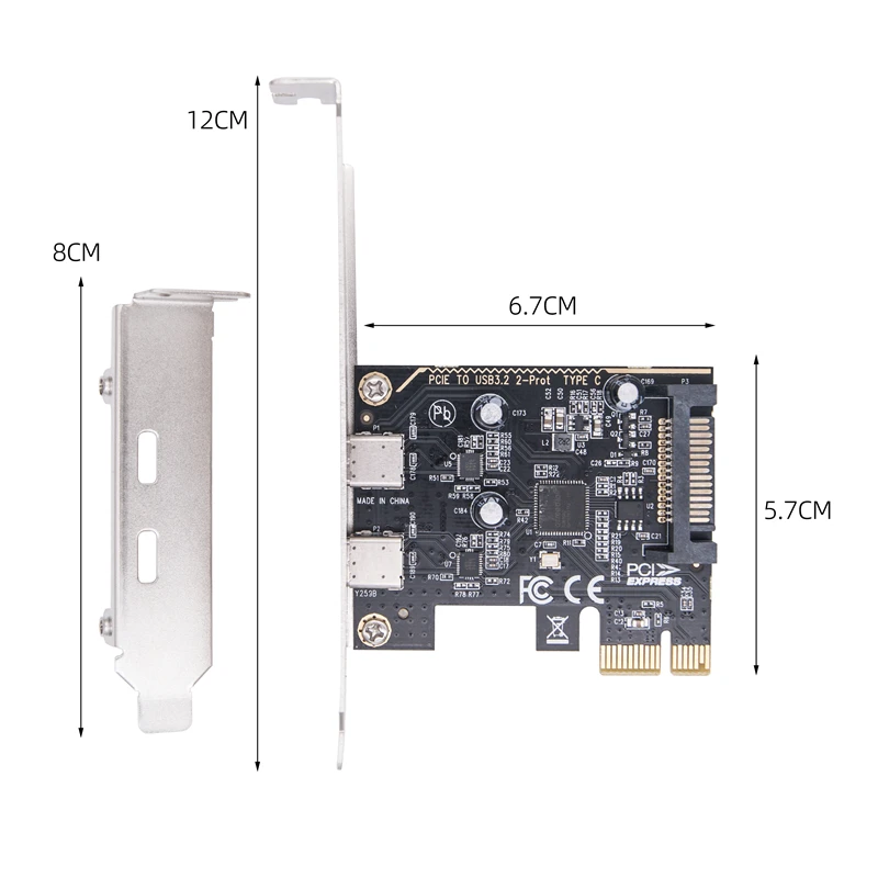 PCIe เป็น Dual Type C การ์ดขยาย PCI X1ด่วนเป็น2พอร์ต TYPE-C USB 3.2 GEN1 5Gbps แปลงการ์ด Riser ชิป ASM1042สำหรับเดสก์ท็อป