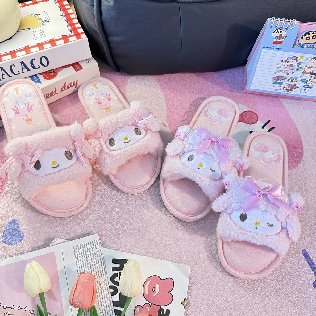 

Женские тапочки My Melody с рисунком My Sweet Piano, домашние кавайные теплые плюшевые домашние тапочки для девочек, нескользящие тапочки на плоской подошве с открытым носком