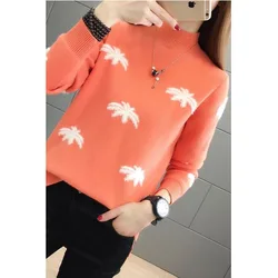 New Winter Fashion Korean Half High Neck Thickened One Piece Fleece Printing Loose Versatile Slim Women's Long Sleeve Sweater
