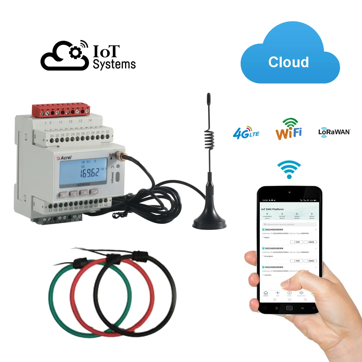 Acrel Adw300 Iot 1 Pcs 4G/Wifi/Lorawan Draadloze 3 Fase Slimme Energiemeter En 3 Pcs 1000a/2000a Rogowski Spoel 9/15Cm Diafragma