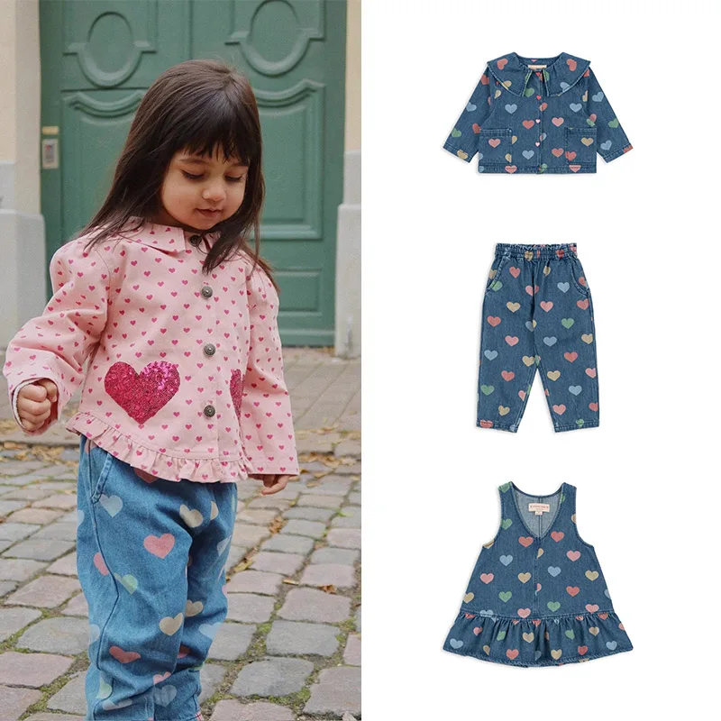 2025 New KS Autumn Toddler Kids Girls Cute Heart Print Dress Long Sleeve Children Denim Jacket Coats Jean Pants Clothes