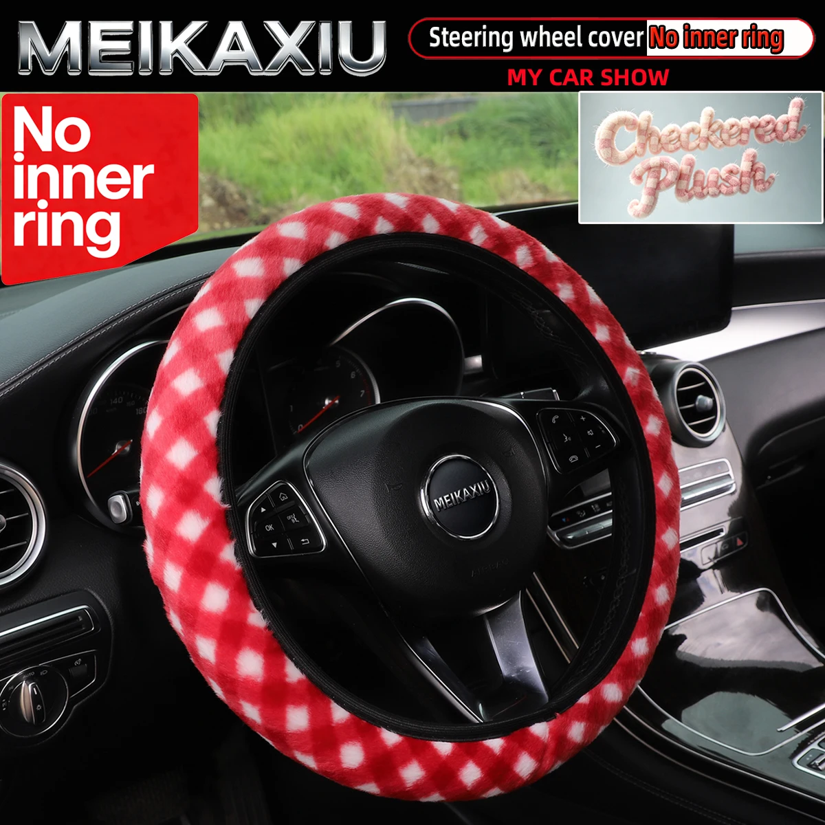 Women's Artificial Rabbit Fur Checkered Steering Wheel Cover Car Outer Rim 14.5-15 Inches Decorative Accessory