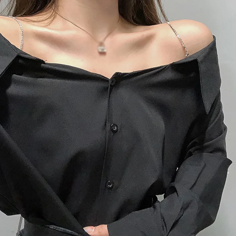 Women\'s Crop Top Loose Fit Solid Off The Shoulder Button Front Fashion Casual Long Sleeve T-shirts