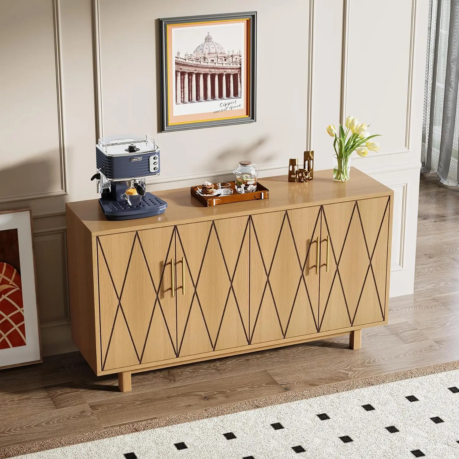 Mobile Buffet da 55 "con contenitore, credenza grande con ripiani regolabili, mobiletto portaoggetti per Console Bar in legno