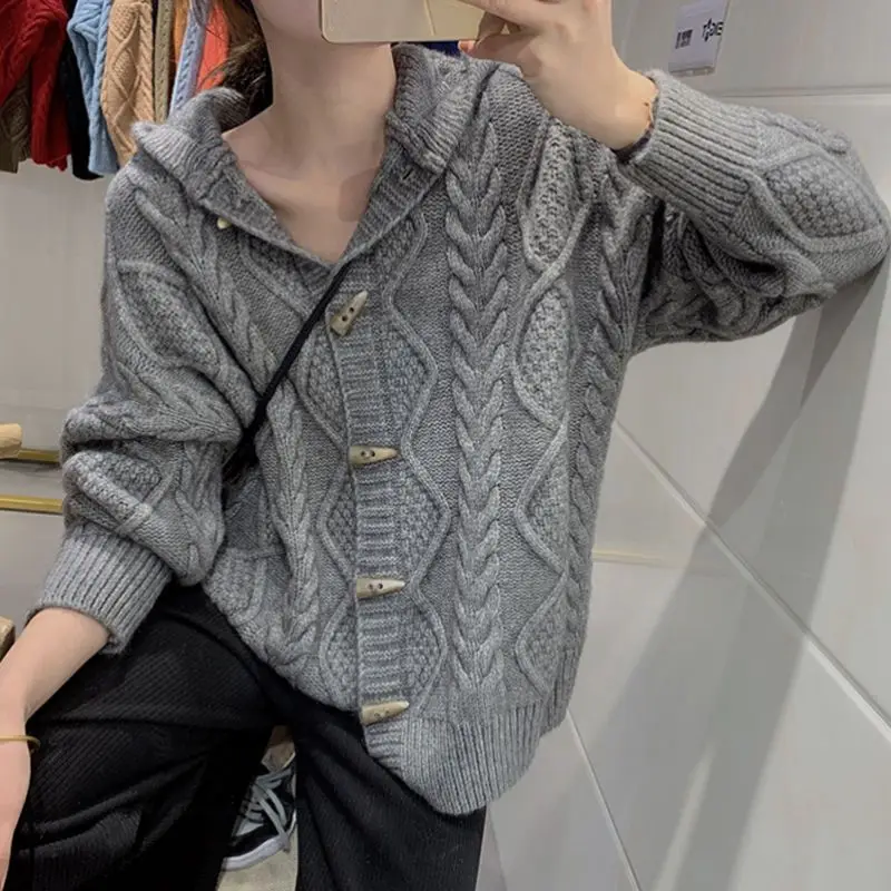 Autumn Cardigan Sweater 2023 New Knitted Cardigan Women Loose Retro Slouchy Hooded Coat Top Sweater Casual Cardigan female