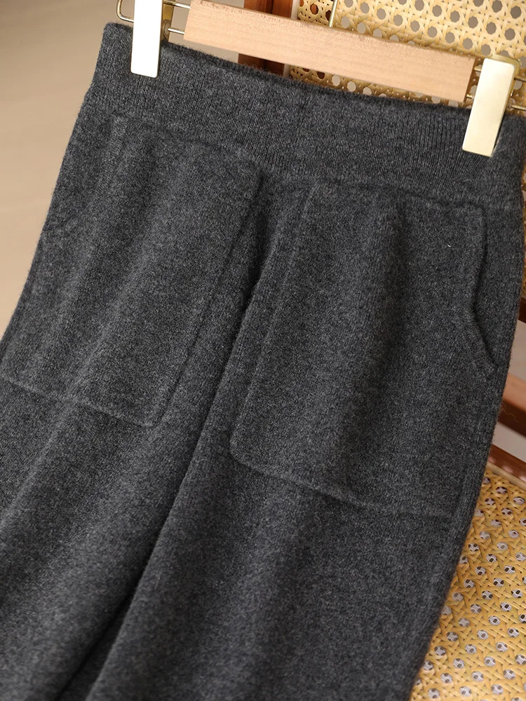 New Classy Autumn Winter Soft Thick Warm Wool Women Pencil Pants Woman 100% Merino Wool Trousers Elastic Waist Knited Wool Pants