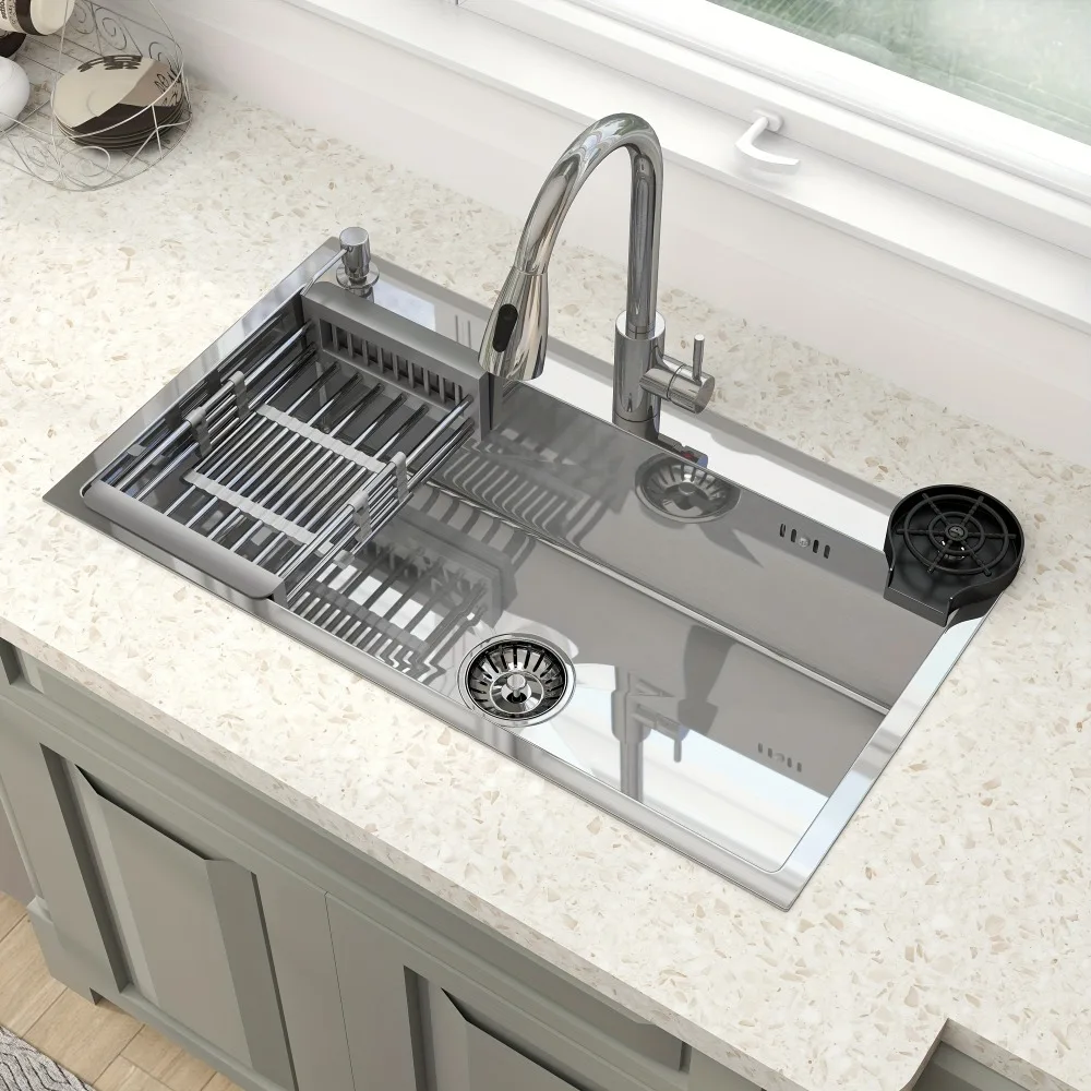 

The Large Capacity 304 Stainless Steel Kitchen Sink Is Equipped with Multiple Accessories Such As A Stretchable And A Cup Washer, Making It Durable And Easy to Install