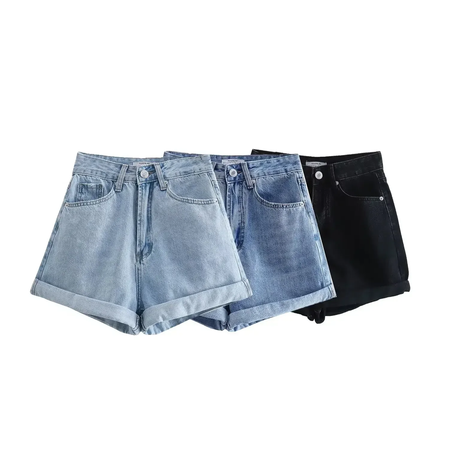 

Women's New Fashion Curled Leg Design Casual Side Pocket Bermuda Denim Shorts Retro High Waist Zipper Women's Shorts Mujer