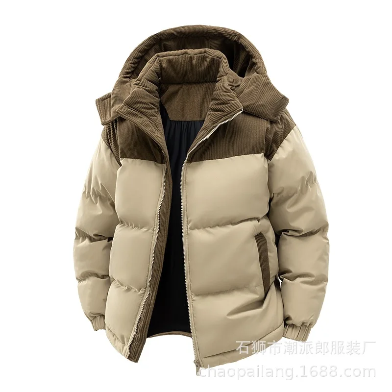 Men's Color Block Hooded Puffer Jacket Corduroy Splicing Full Zip Elastic Cuffs Thick Warm Quilted Coat Streetwear Winter Casual