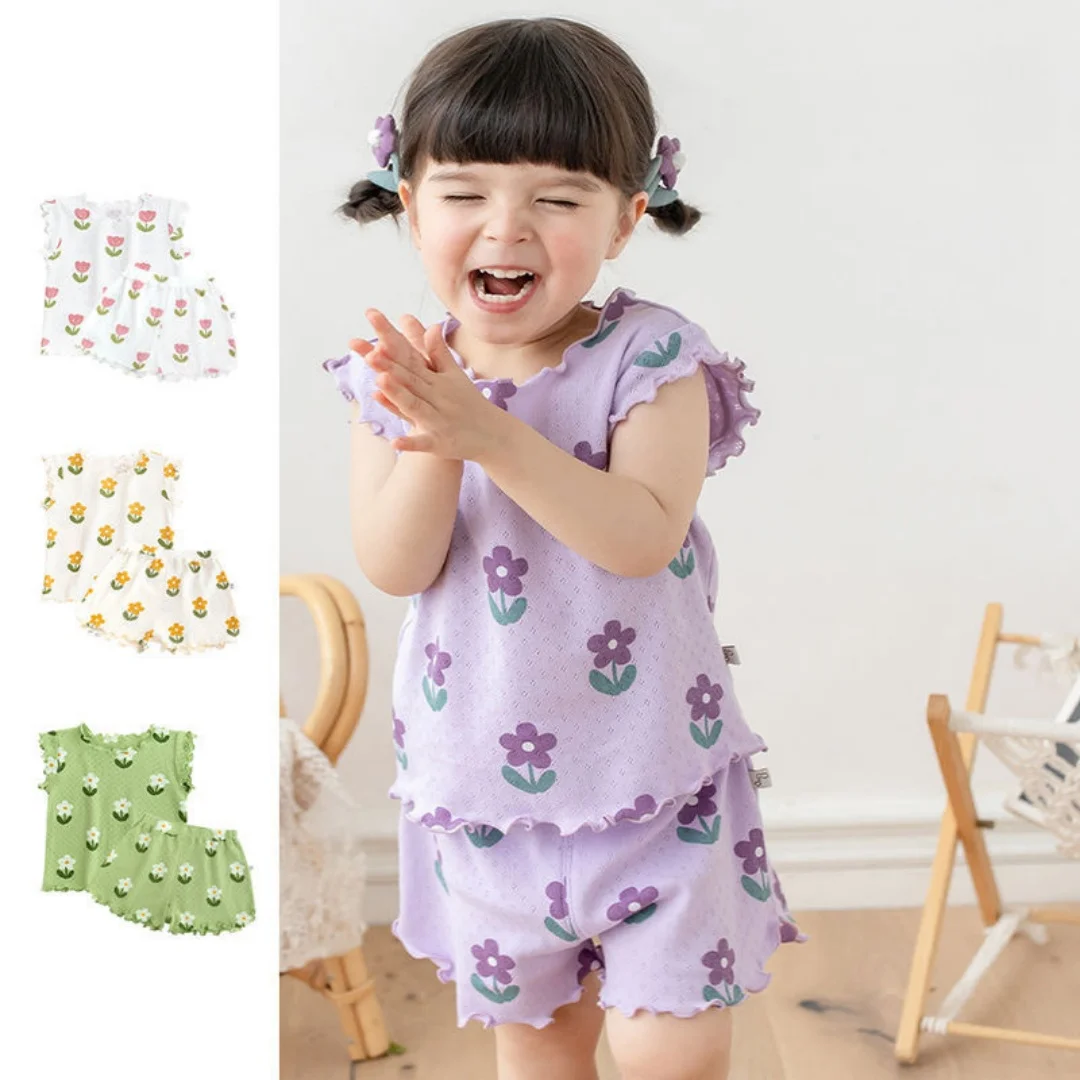 1-6Y Summer Cute Girls Pajama Set Flower Print Ruffle Sleeveless Top+Shorts 2 Pcs Clothes for Kids Thin Soft Children Suit
