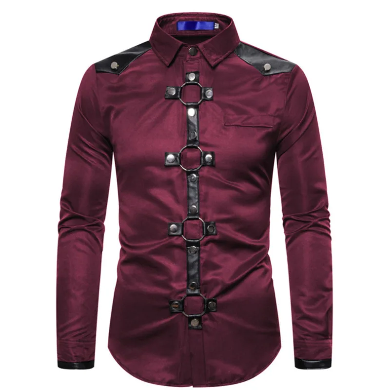 #4753 Streetwear Shirt Mannen Lange Mouwen Gothic Stijl Klinknagel Effen Kleur Heren Shirt Slim Feest Zangeres Podium Shirt Man Zwart Rood